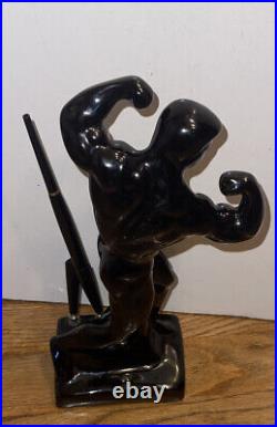 Mid Century Muscle Man Black Bodybuilder Weight Lifter Nude Male Pen Holder Desk