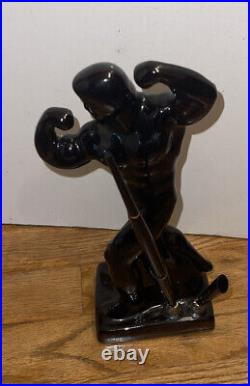 Mid Century Muscle Man Black Bodybuilder Weight Lifter Nude Male Pen Holder Desk