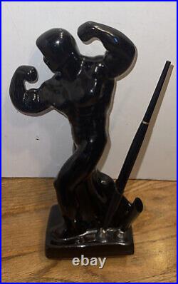 Mid Century Muscle Man Black Bodybuilder Weight Lifter Nude Male Pen Holder Desk