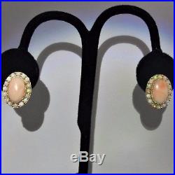 Mid Century Opal Angel Skin Coral 14k Yellow Gold Estate Earrings Vintage Retro