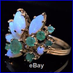 Mid Century Opal Emerald 14k Yellow Gold Cocktail Ring Estate Vintage Retro Gift