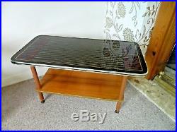 Mid Century Patterned Glass Top Wooden Coffee Side Table Vintage Retro 1960s