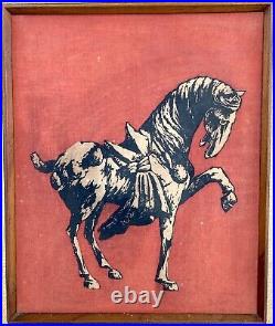 Mid-Century Red Batik Fabric Tang Horse, Han Palace Art Co, Vtg Framed 20x24