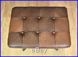 Mid Century Retro Vintage Danish Brown Leather Swivel Foot Stool Ottoman 1970s