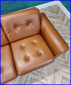 Mid Century Retro Vintage Danish Tan Leather & Chrome 3 Seat Sofa Settee 1970s