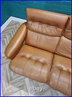 Mid Century Retro Vintage Swedish Tan Leather & Beech 3 Seat Sofa Settee 1970s