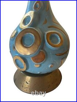 Mid Century Tall Teal Table Lamp Decorated Gold Colored Circles Art READ