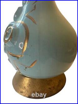 Mid Century Tall Teal Table Lamp Decorated Gold Colored Circles Art READ