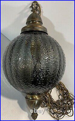 Mid Century Textured Smoke Glass Orb Swag Lamp Ceiling Light Ribbed Optic Atomic