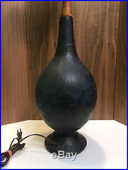 Mid Century Unique Black Pottery & Teak Torch Table Lamp Vintage Retro Ceramic