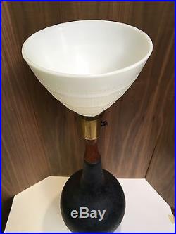 Mid Century Unique Black Pottery & Teak Torch Table Lamp Vintage Retro Ceramic