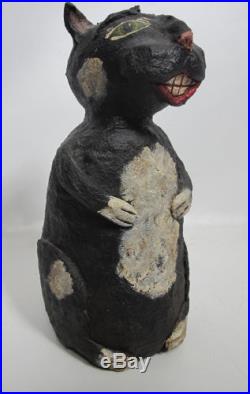 Mid Century Vintage Folk Art Black Cheshire Smiling Cat Paper Mache Retro yqz