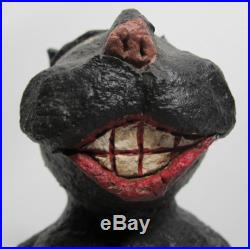 Mid Century Vintage Folk Art Black Cheshire Smiling Cat Paper Mache Retro yqz