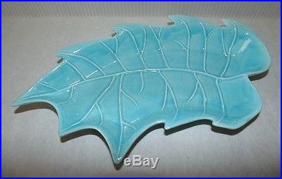 Mid Century Vintage Retro 1960's USA Pottery Ceramic Aqua Blue Leaf Dish #500