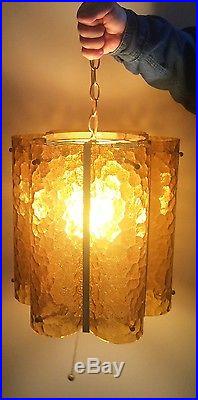 Mid Century Vintage Retro Amber Glass 6 Column Swag Lamp Metal Diffuser with chain