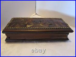 Mid Century Witco wood chest box Leather top embossed tacks 13W hinged Spain