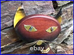 Mid Century Wood ROMM Jeweled Eye Cat Wall Hanging Made in USA