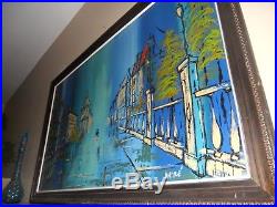 Mid century Acrylic abstract street cityscape townsquare painting retro vintage