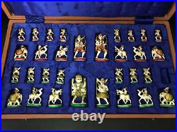 Mid-century Hand Carved & Painted Indian Chess Set With Original Carrying Case