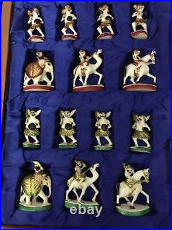 Mid-century Hand Carved & Painted Indian Chess Set With Original Carrying Case