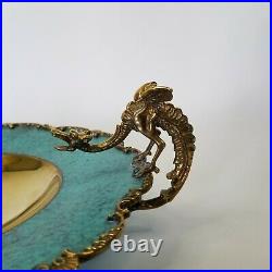 Mid century brass pedestal center piece dragon handles brass/enameled turquoise