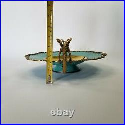 Mid century brass pedestal center piece dragon handles brass/enameled turquoise