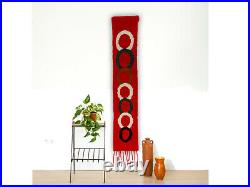 Mid century modern wall hanging with circles, Long 60s retro latch hook tapestry