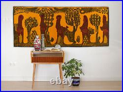 Mid century wall hanging tapestry, Abstract animal art in orange black beetroot