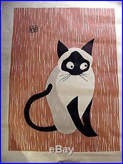 NR ORIGINAL VTG PAIR EARLY CATS 2 JAPANESE WOODBLOCK PRINTS BY KIYOSHI SAITO