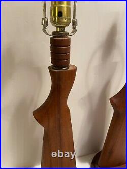 Original Vintage Mid Century Modern Lamps Handmade Wood Gunstock Shaped Set of 2