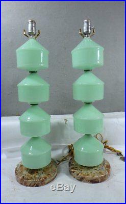 PAIR OF VINTAGE Mid Century RETRO MODERN STACKED GREEN MURANO Art GLASS LAMPS