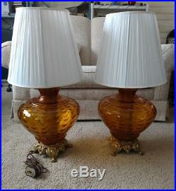 PAIR VINTAGE MID-CENTURY RETRO Amber Glass 1972 EF&EF INDUSTRIES LAMPS+Shades