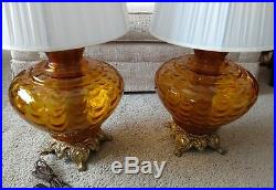PAIR VINTAGE MID-CENTURY RETRO Amber Glass 1972 EF&EF INDUSTRIES LAMPS+Shades