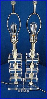 PAiR ViNTAGE HOLLYWOOD REGENCY MiD CENTURY STACKED LUCiTE SKYSCRAPER TABLE LAMPs