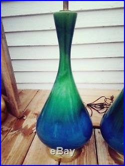 Pair 2 Tall blue-green drip glaze lamps retro vintage mid century modern MCM