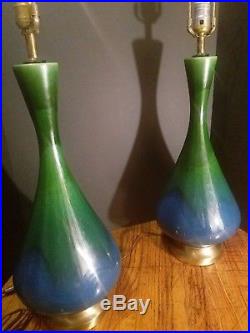 Pair 2 Tall blue-green drip glaze lamps retro vintage mid century modern MCM