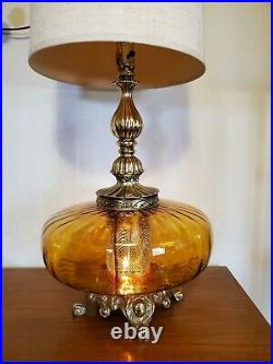 Pair (2) Vtg Mid Century Modern Hollywood Regency Amber Optic Glass Lamps