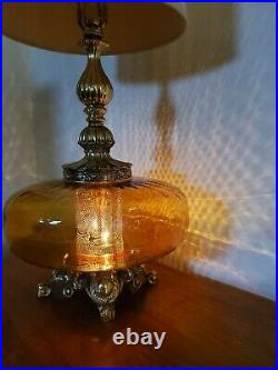 Pair (2) Vtg Mid Century Modern Hollywood Regency Amber Optic Glass Lamps