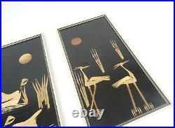 Pair 60s MID Century Marquetry Picturs Ducks Herons Wall Art Danish Signed