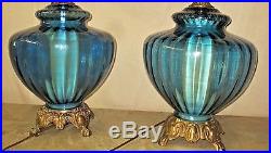 Pair Blue Vintage Mid-century Retro 1972 Ef Ef Industries Lamps & Drum Shades