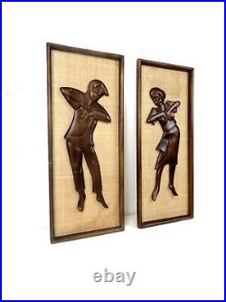 Pair Large Teak Dancers Man & Woman Wall Art Sculptures In Frame MID Century
