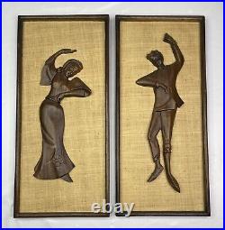 Pair Large Teak Dancers Women Man Wall Art MCM Mid Century 50s 60s 24 X 11