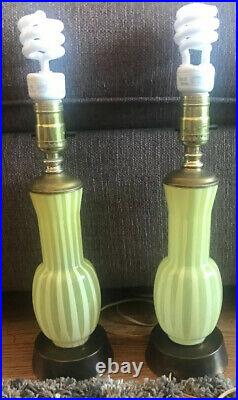 Pair Retro Table Lamps Mid Century Modern Vintage brass mcm Striped Glass Yellow