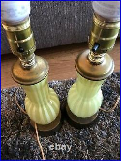 Pair Retro Table Lamps Mid Century Modern Vintage brass mcm Striped Glass Yellow