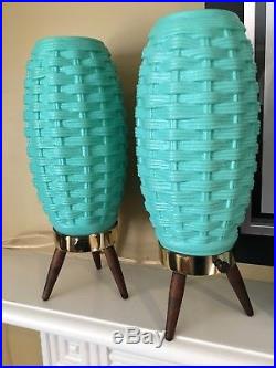 Pair/Set of 2Vintage Retro Plastic Lamps Beehive Tripod AQUA Mid-Century Modern