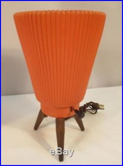 Pair Vintage Mid Century Modern Beehive Tripod Table Lamps Bongo Drum Orange