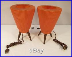 Pair Vintage Mid Century Modern Beehive Tripod Table Lamps Bongo Drum Orange