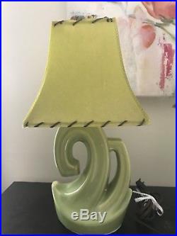 Pair Vintage Mid Century Modern Retro Ceramic Lime Green Table lamps W Shades