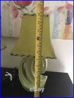 Pair Vintage Mid Century Modern Retro Ceramic Lime Green Table lamps W Shades
