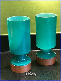 Pair Vintage Mid Century Opaline Glass Swedish Lamp Shades Turquoise Lights